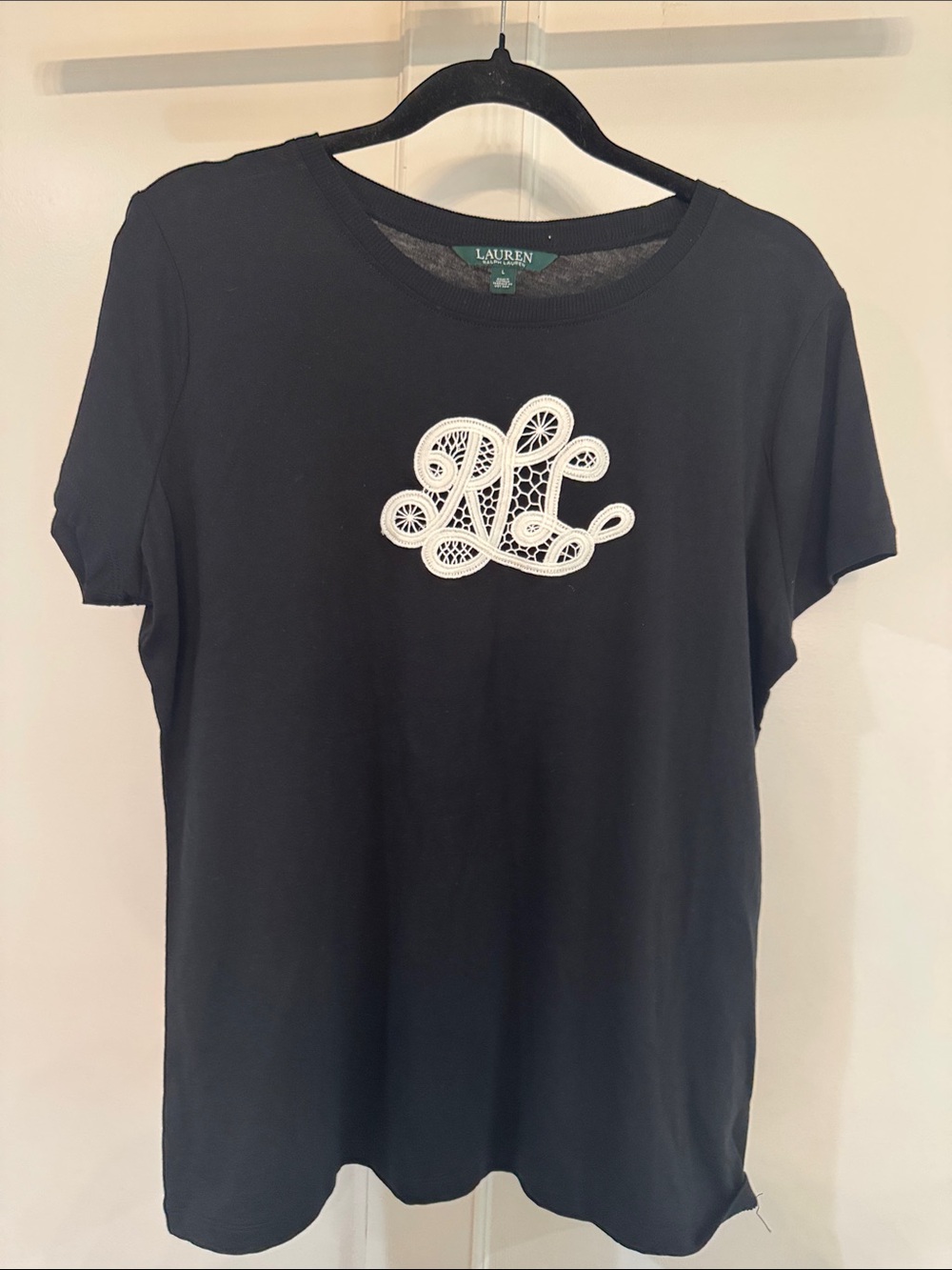 Lauren Ralph Lauren Black Short-Sleeve Tee with White Lace Monogram Patch